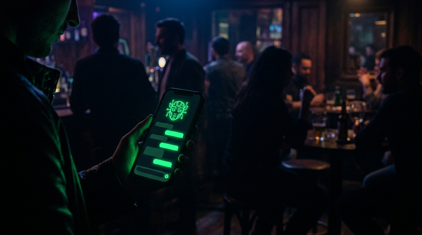 celular com conversa e avatar de personagem virtual em verde neon