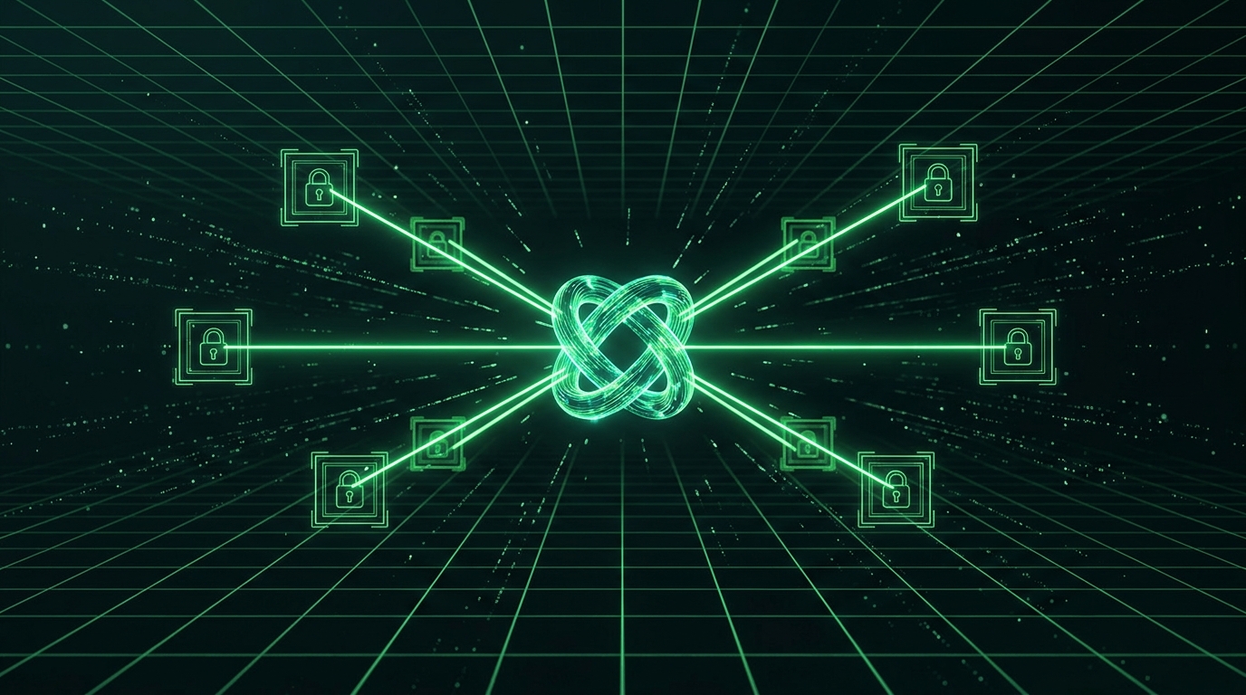 nó holográfico verde neon central conectado a quadros geométricos idênticos flutuantes, simbolizando imagem de referência travada