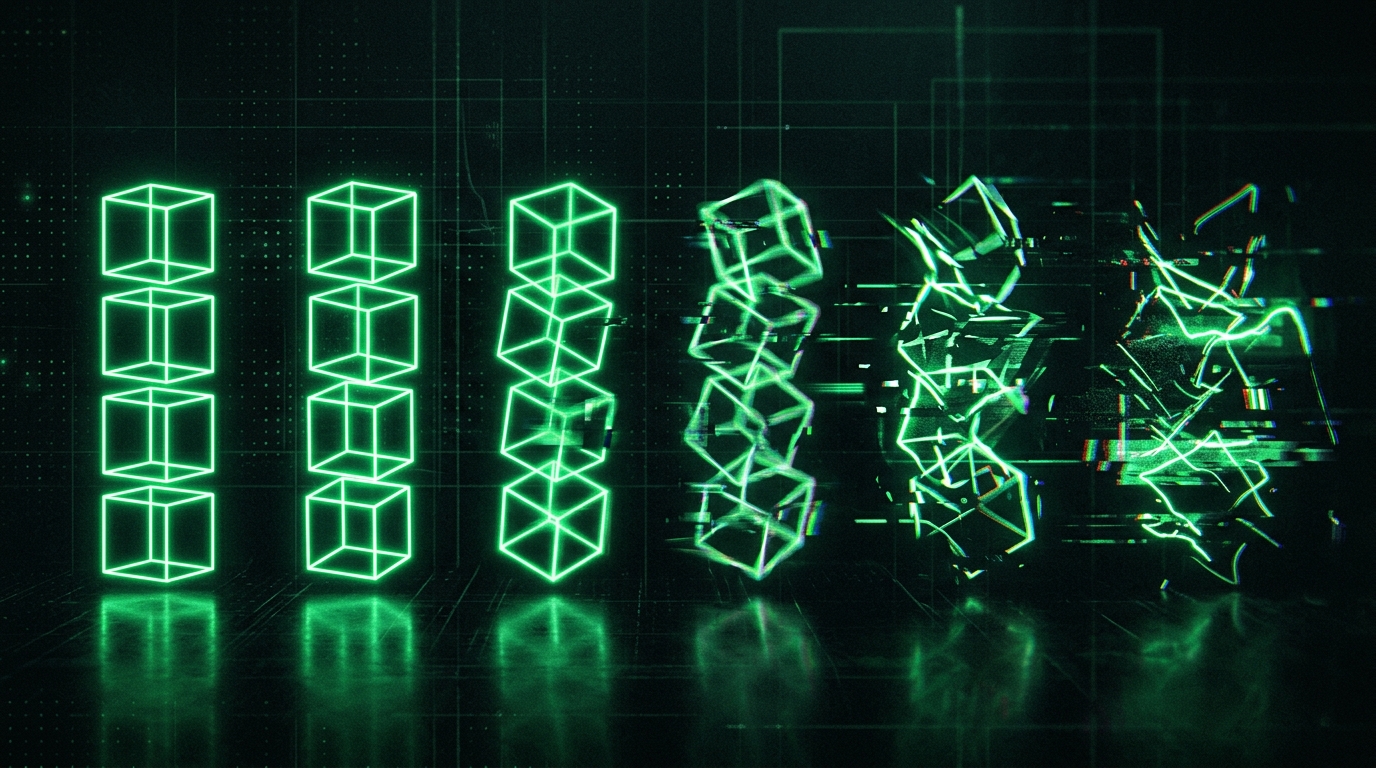sequência de formas holográficas verde neon que se distorcem progressivamente, representando o desvio de identidade do personagem