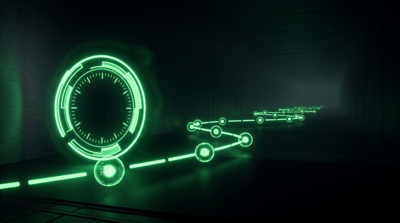 relógio digital e linha do tempo verde neon sobre fundo escuro