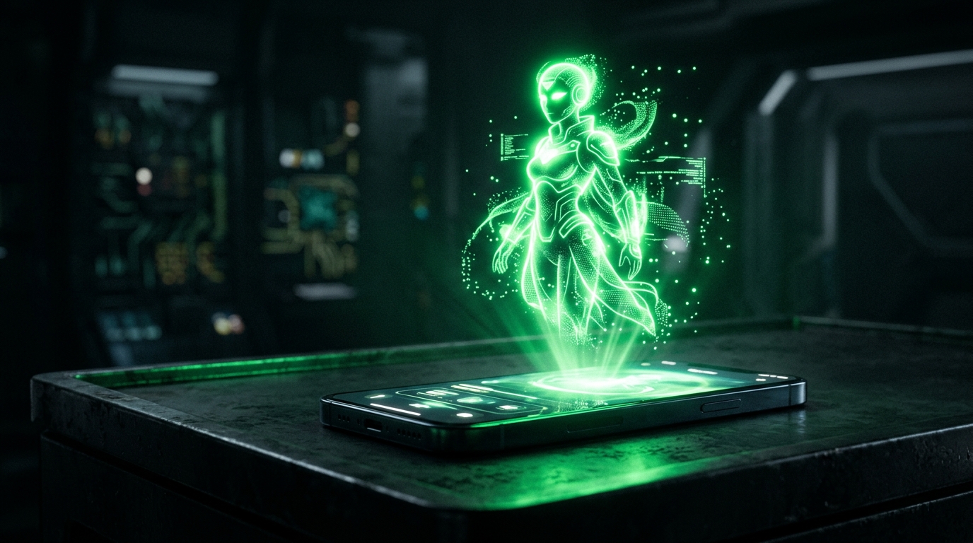 celular com personagem de ia holográfico e ícone de agendamento em verde neon