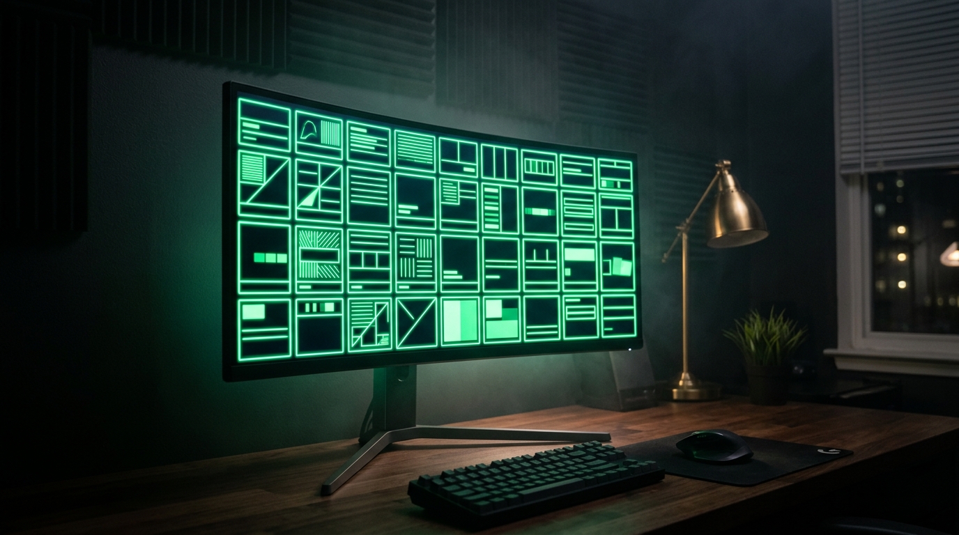 tela de computador com grade de posts agendados brilhando em verde neon