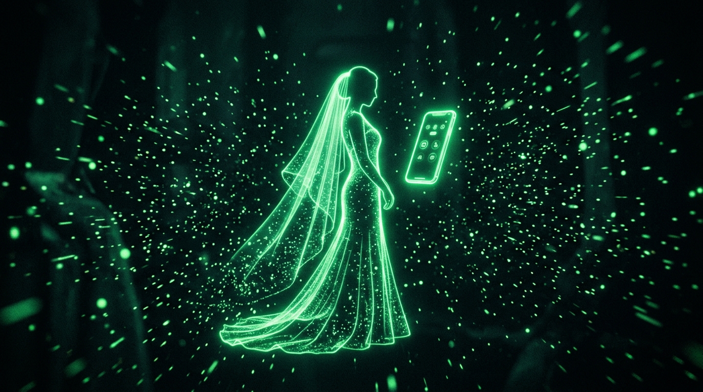 silhueta de noiva holográfica em verde neon ao lado de um celular