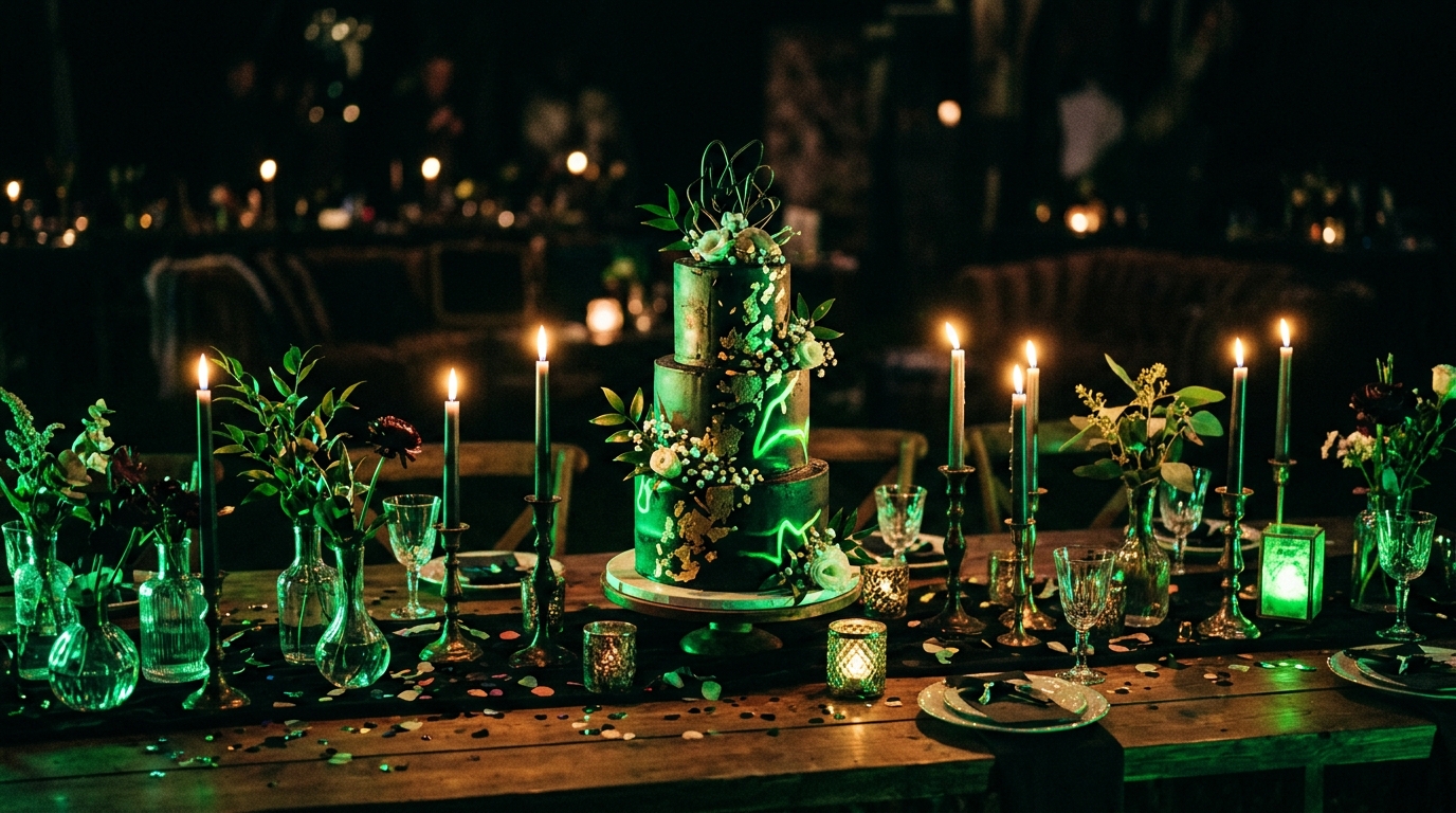 mesa de bolo e decoração de festa iluminada em verde neon num ambiente escuro