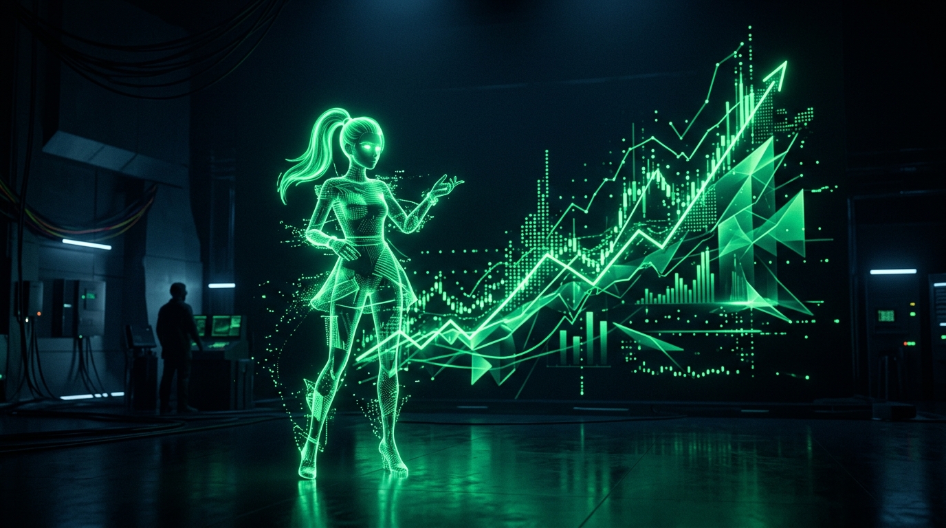 personagem de ia holográfico verde neon diante de uma tela de métricas em ascensão