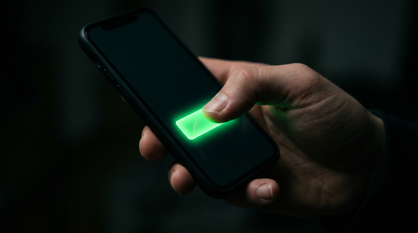 mão tocando botão de compra luminoso verde neon num celular em ambiente escuro