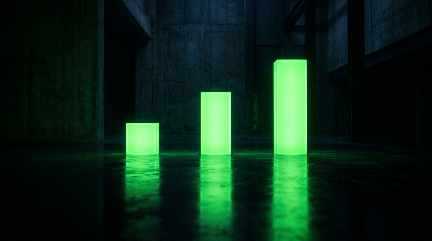 três blocos luminosos verde neon crescendo em sequência sobre fundo escuro