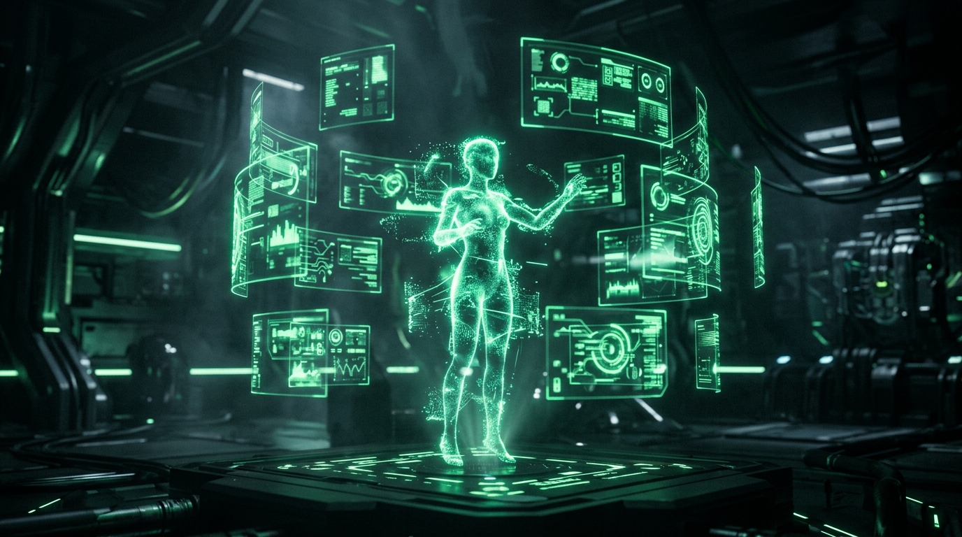 personagem de ia holográfico em verde neon com um roteiro em painéis flutuantes ao redor