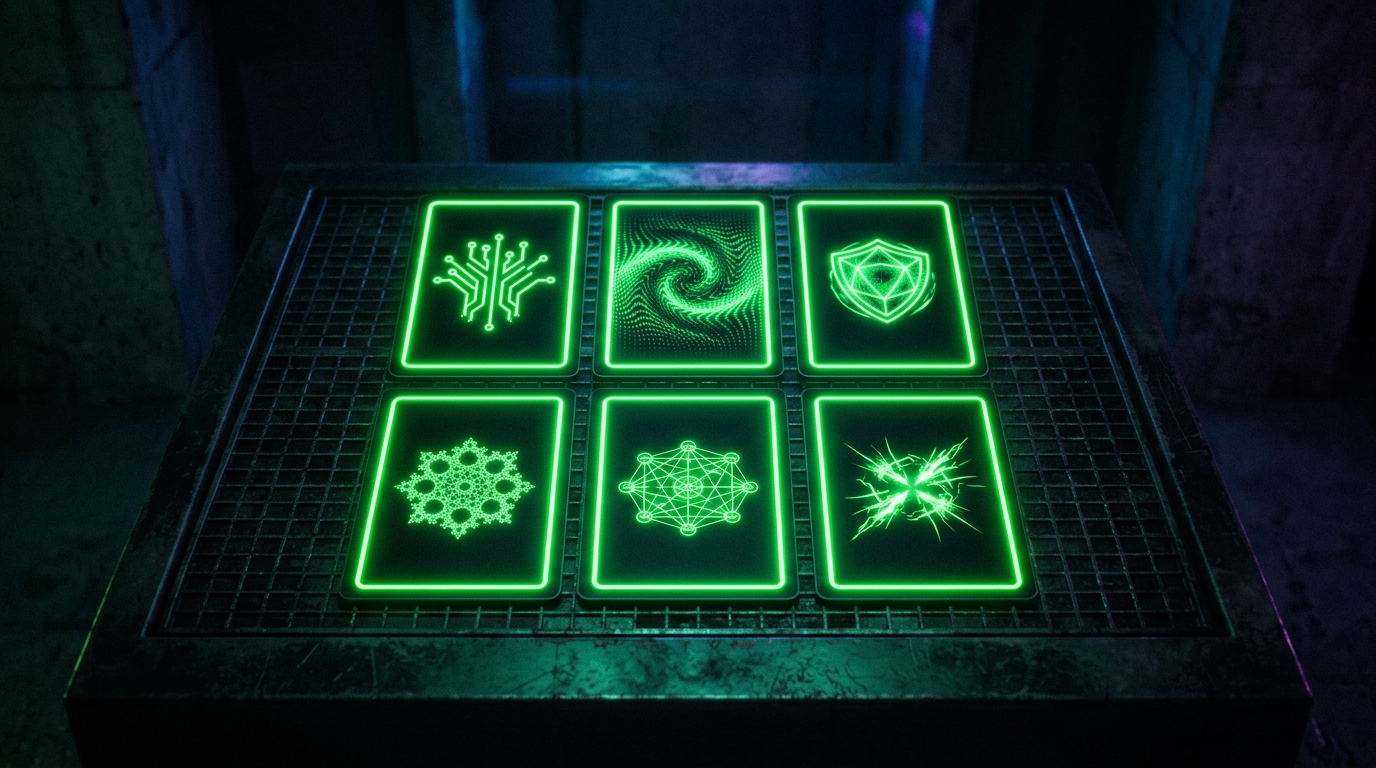 seis cartões em verde neon dispostos em grade, cada um com um ícone diferente de gancho