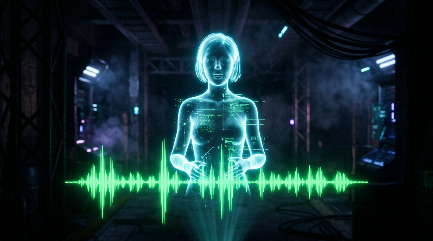 personagem de ia holográfico em verde neon falando para a câmera com uma onda sonora à frente