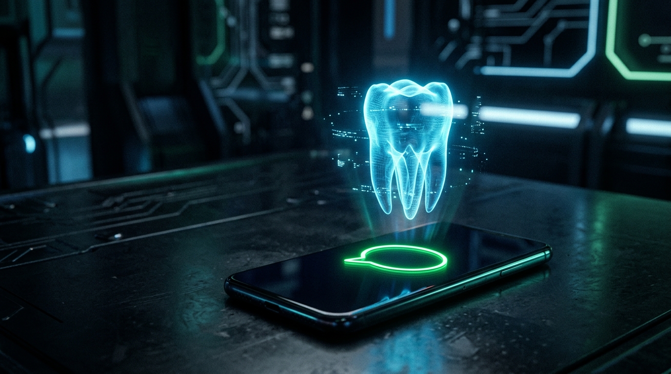 balão de mensagem e um dente holográfico em verde neon ao lado de um celular em fundo escuro