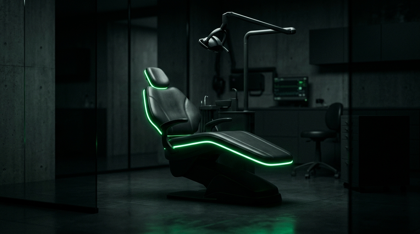 cadeira de consultório e luz de led em verde neon num ambiente escuro, estilo cinematográfico
