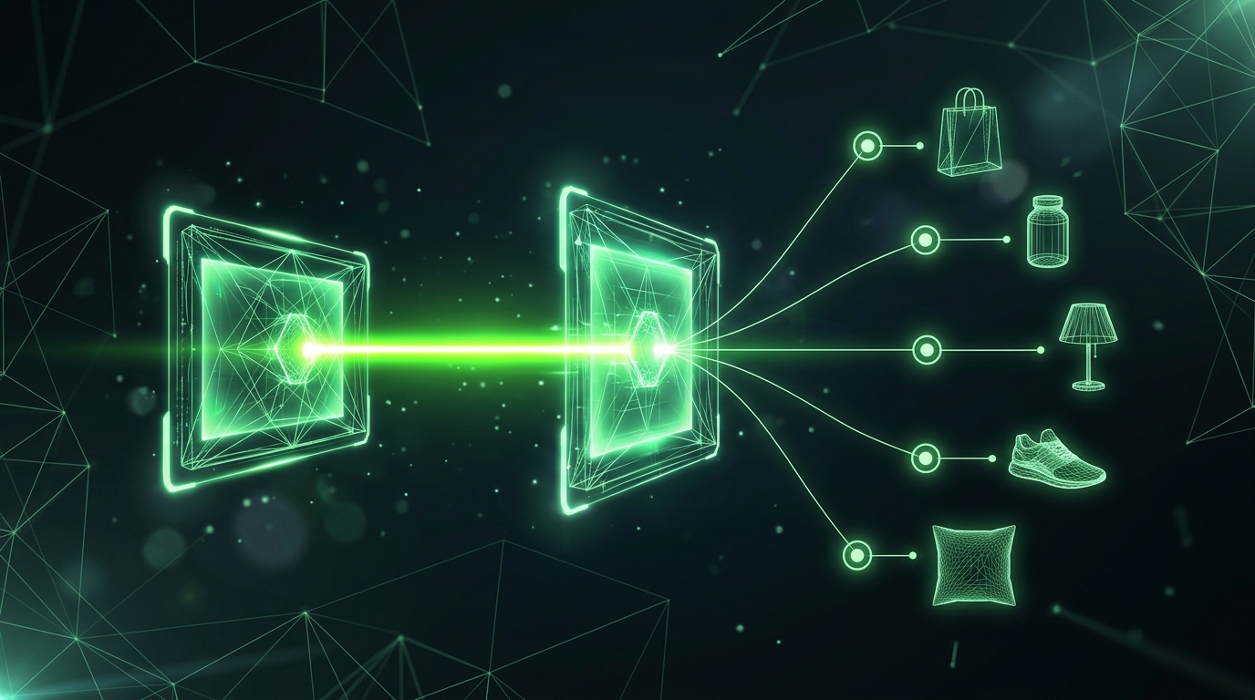dois painéis holográficos verde neon ligados por um feixe de luz, com cinco marcadores conectados a objetos geométricos em wireframe sobre fundo escuro