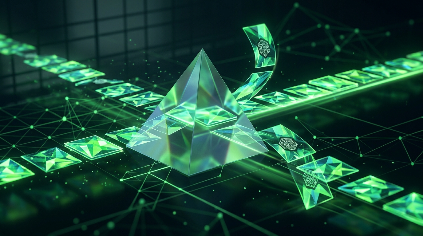 fluxo de cartões holográficos verde neon passando por um filtro prismático que marca e desvia parte deles sobre fundo escuro