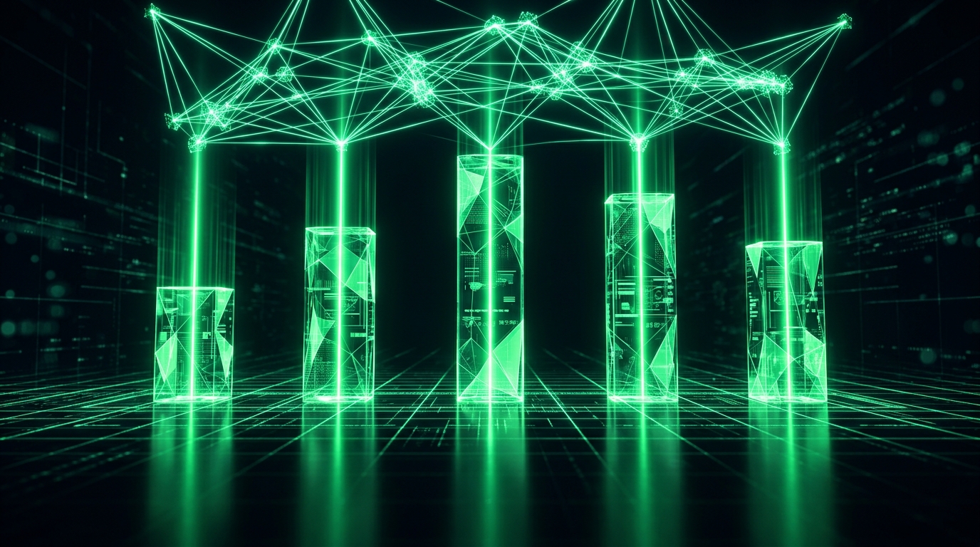 cinco pilares holográficos verde neon de alturas diferentes ligados por feixes de luz, representando plataformas trabalhando juntas