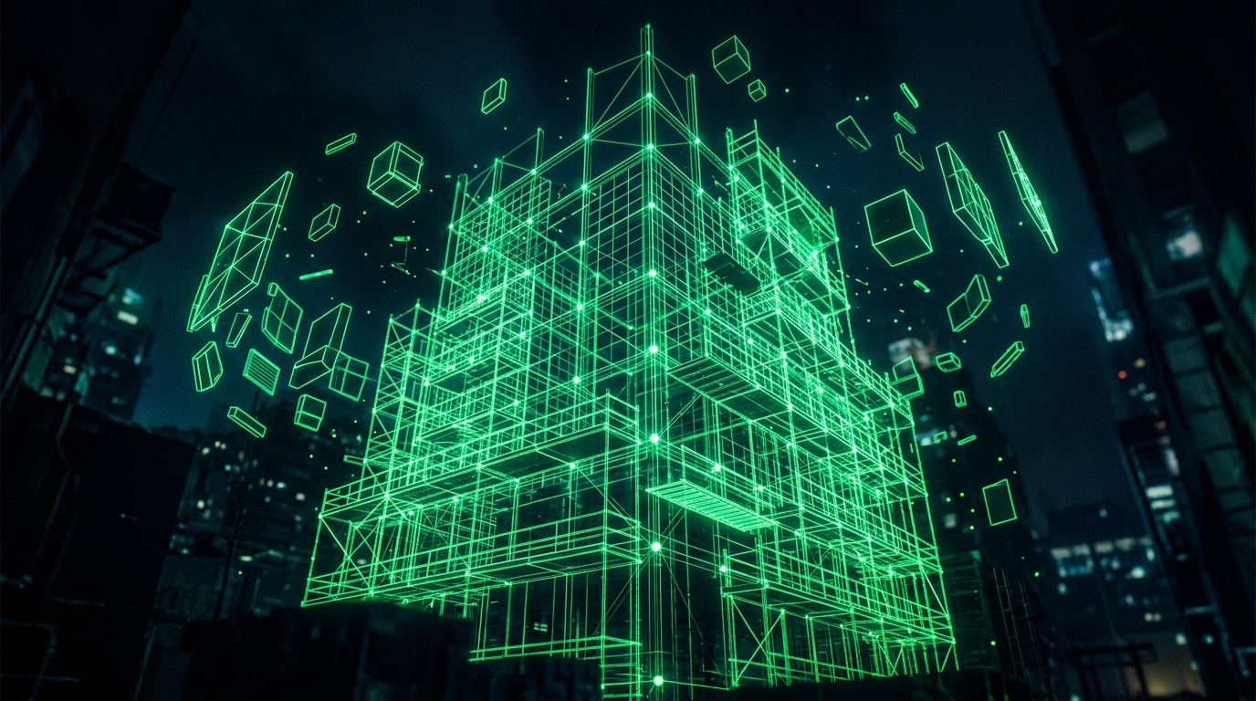 estrutura de obra holográfica verde neon com blocos flutuantes em fundo escuro