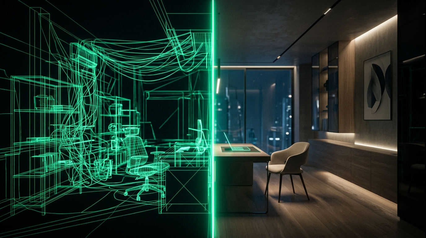 comparação holográfica verde neon de antes e depois de um ambiente reformado