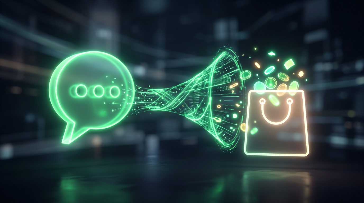 funil holográfico verde neon ligando um balão de conversa a uma sacola e moedas