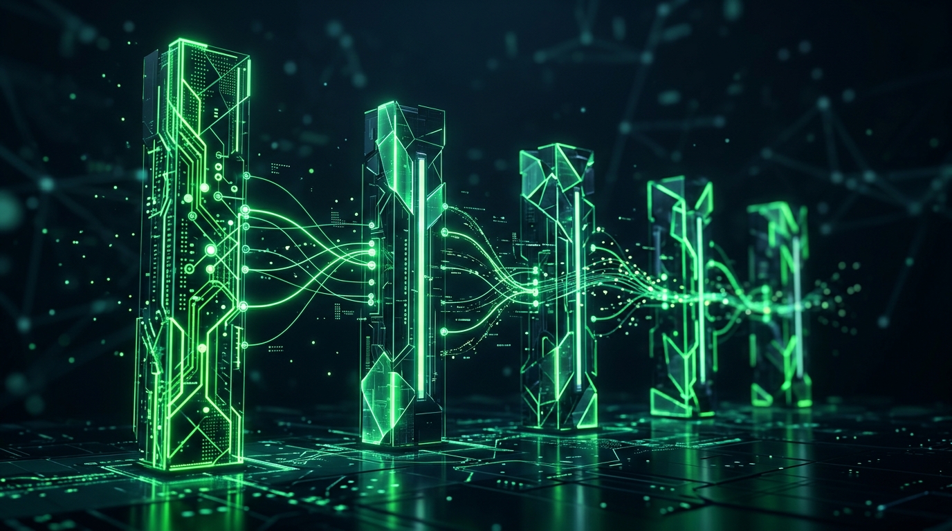cinco blocos verticais verde neon em sequência conectados por linhas, representando os blocos de trabalho de um dia de produção