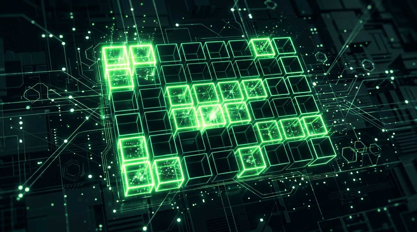 calendário holográfico verde neon abstrato com células preenchidas por partículas luminosas sobre fundo escuro