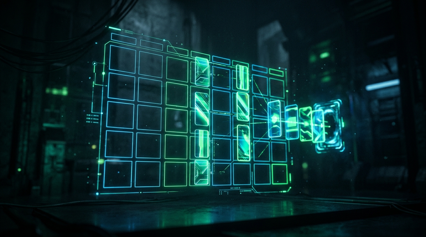 calendário holográfico verde neon com fila de vídeos verticais prontos pra publicar