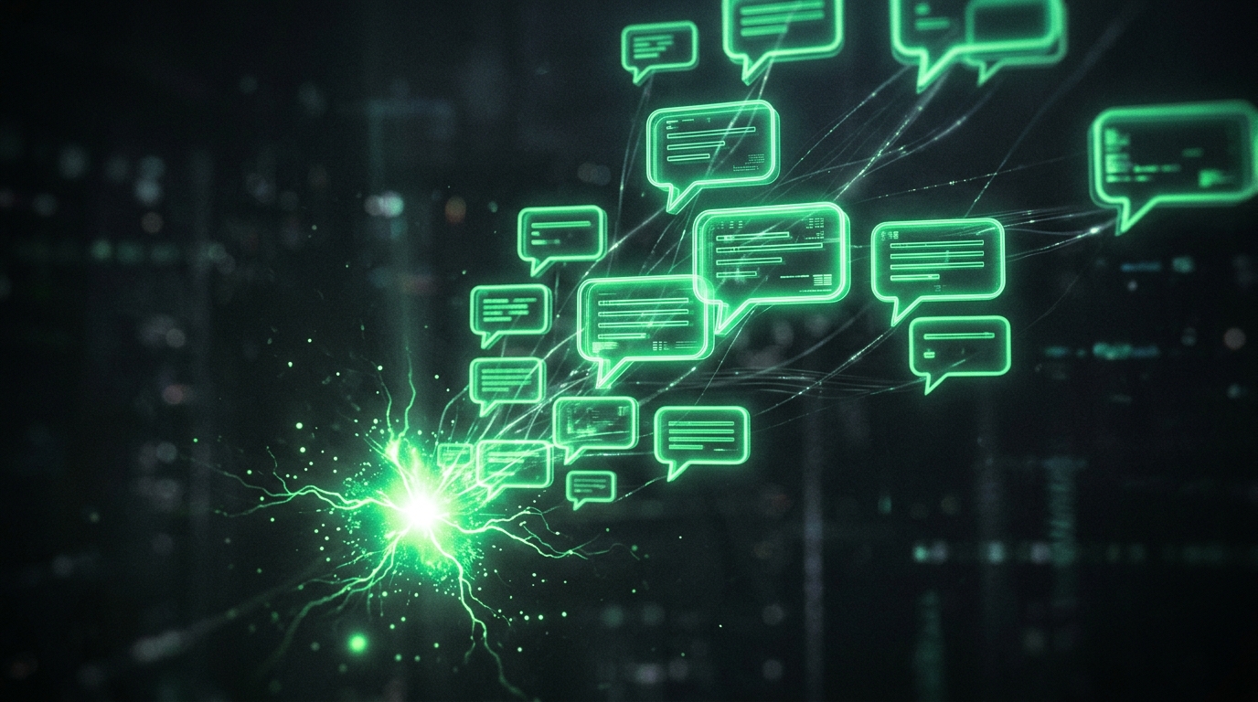balões de conversa verde neon com faísca de ia representando respostas automáticas a comentários