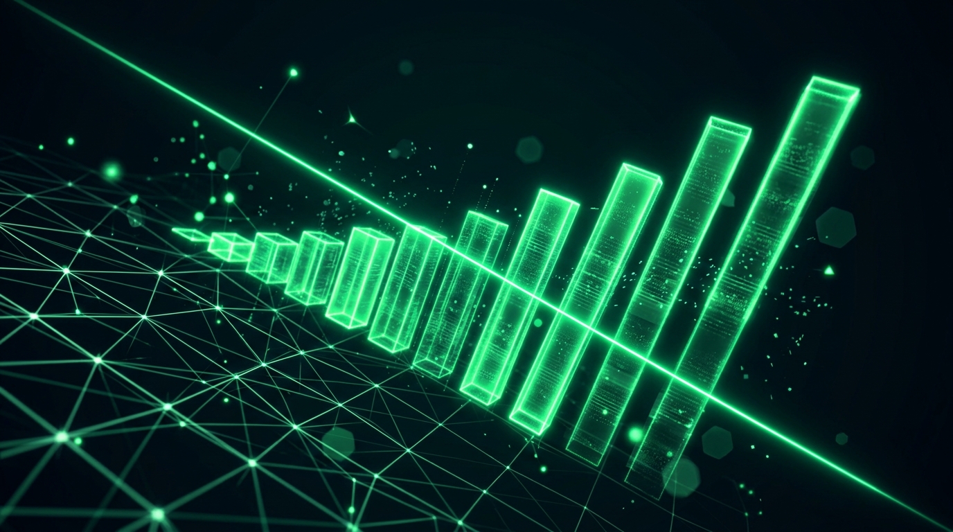 barras holográficas verde neon subindo enquanto uma linha de luz desce, representando gasto maior e retorno menor nos anúncios