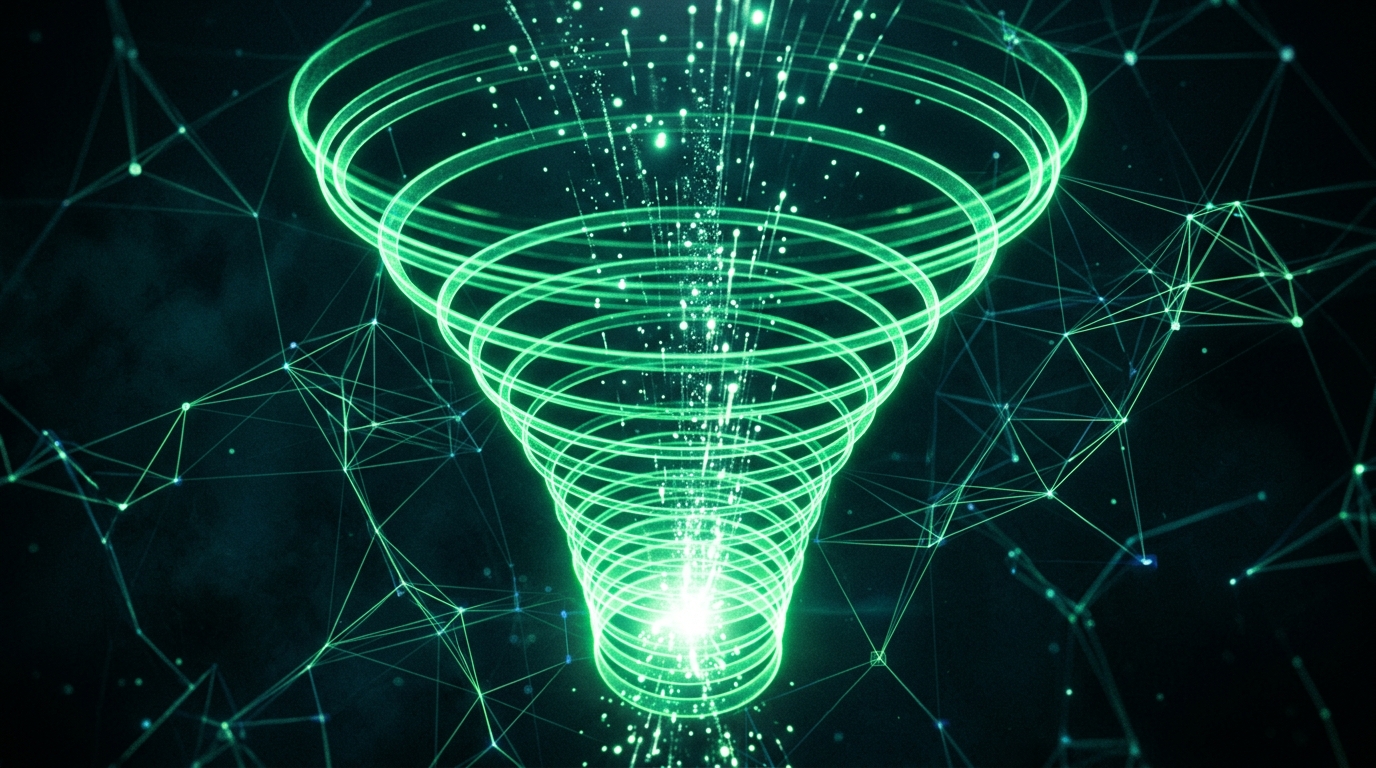 funil holográfico verde neon com partículas de luz descendo até um núcleo brilhante, representando cliques virando contatos