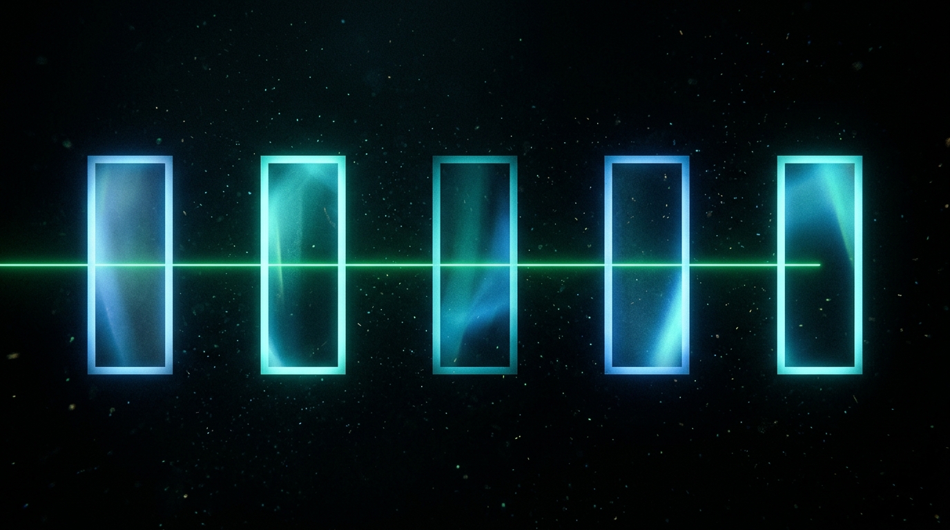 sequência de cinco quadros verticais luminosos verde neon ligados por uma linha de luz