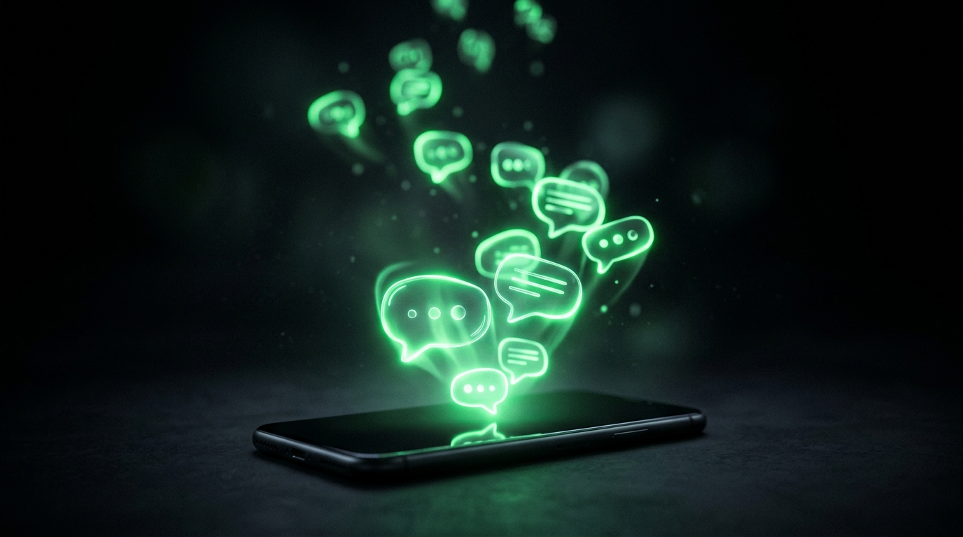 balões de mensagem holográficos verde neon subindo de um celular escuro