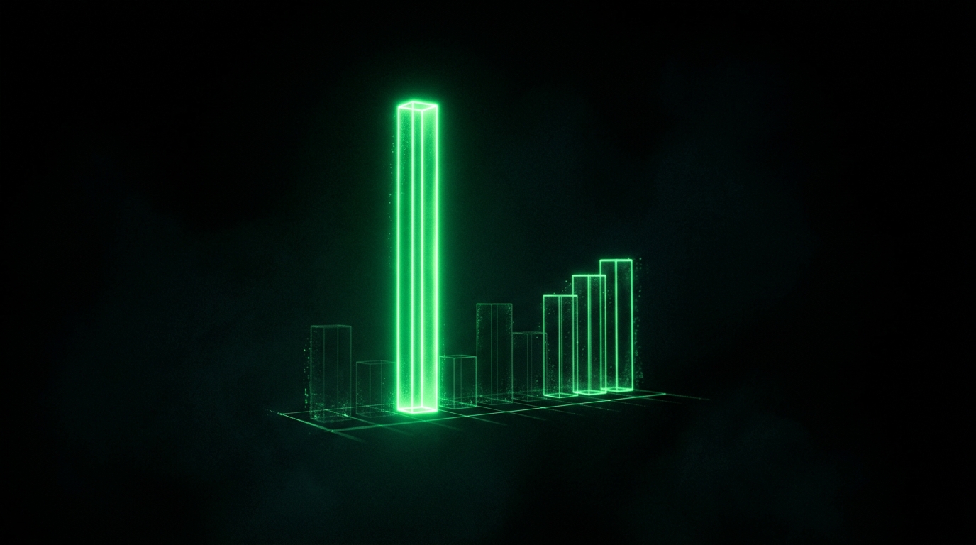 gráfico de barras holográfico verde neon com uma barra muito mais alta que as demais