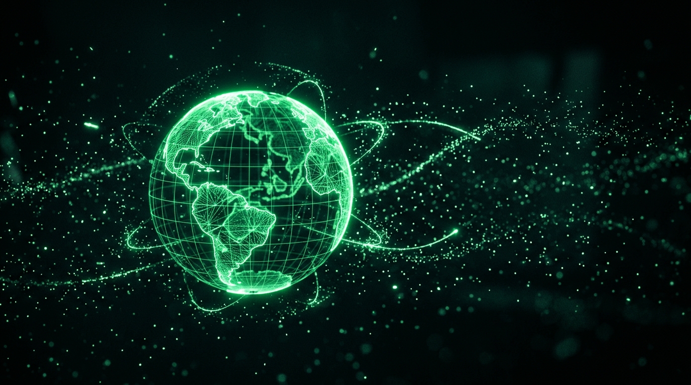 globo terrestre holográfico verde neon com linhas de conexão sobre fundo escuro