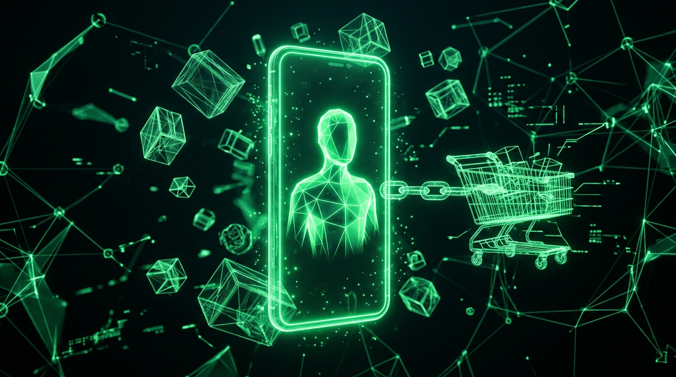silhueta geométrica de avatar dentro de uma moldura vertical de celular holográfica verde neon, ligada por um elo de luz a caixas de produto e um carrinho de compras