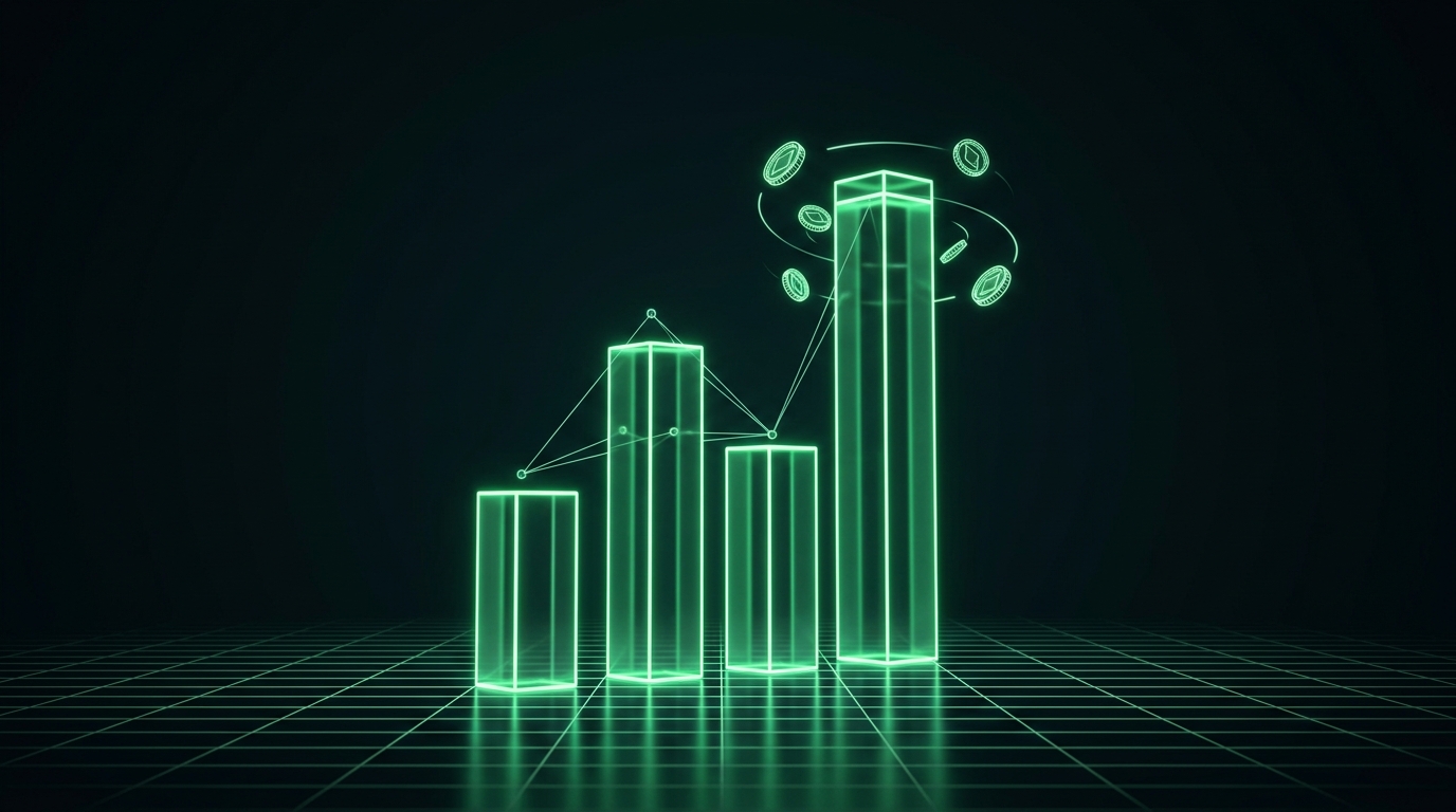 quatro barras holográficas verde neon de alturas diferentes sobre uma grade escura, com moedas geométricas orbitando a mais alta, representando as faixas de comissão
