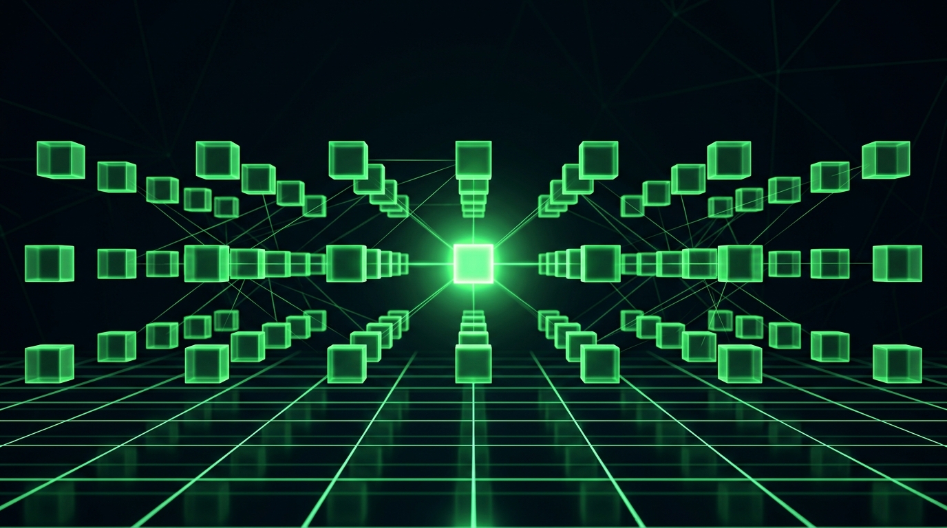 fileiras de blocos geométricos verde neon translúcidos representando tentativas de vídeo, com um único bloco mais brilhante destacado como o take aprovado