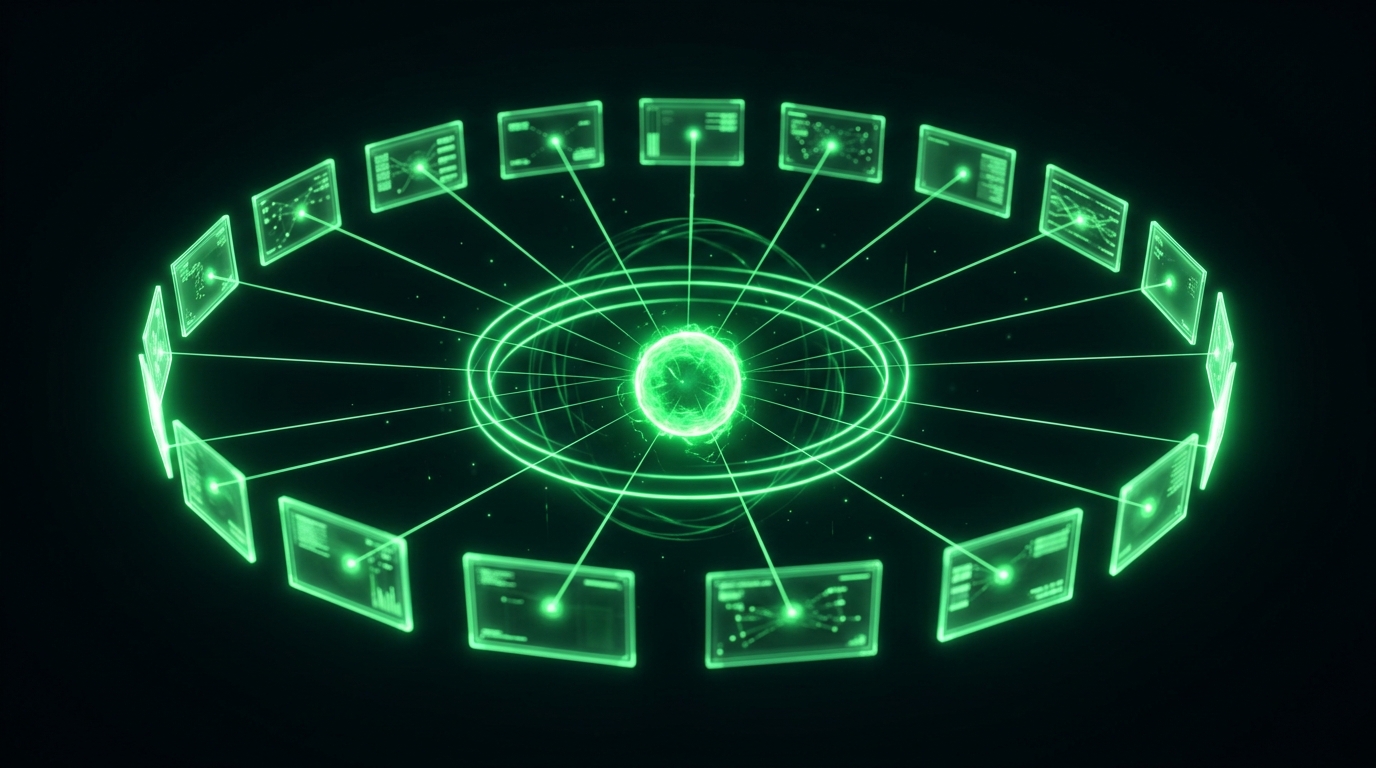painéis holográficos verde neon dispostos em arco ao redor de um nó central com três anéis de onda sonora, representando imagens e áudios de referência numa mesma geração