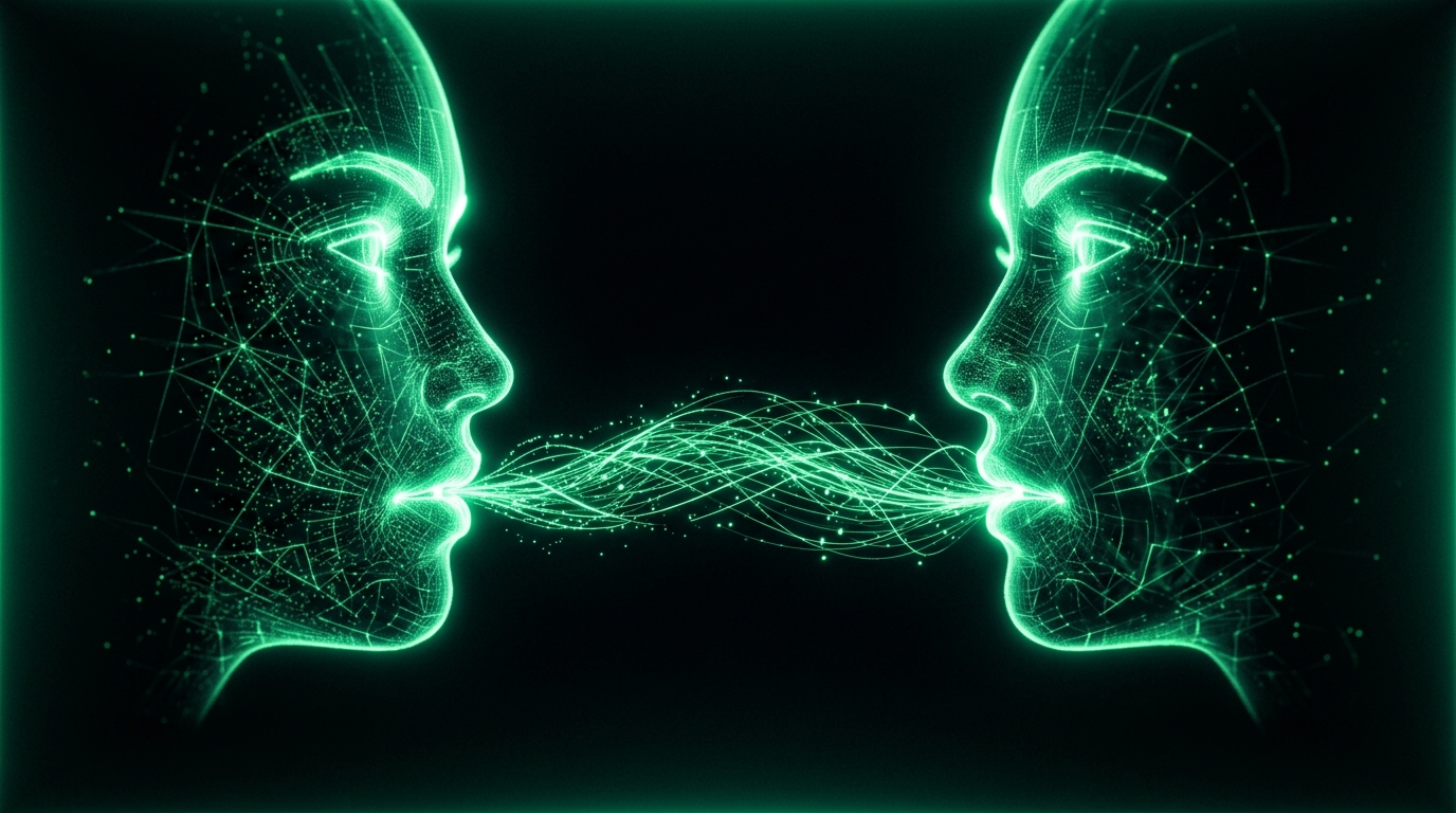 dois rostos holográficos com bocas sincronizadas em verde neon representando lip sync
