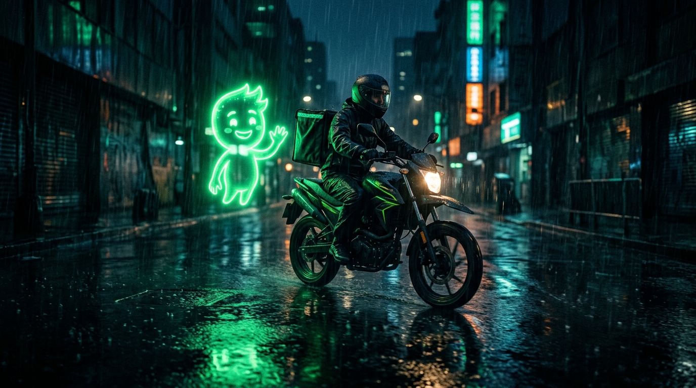 entregador de moto com personagem holográfico verde neon ao lado na noite