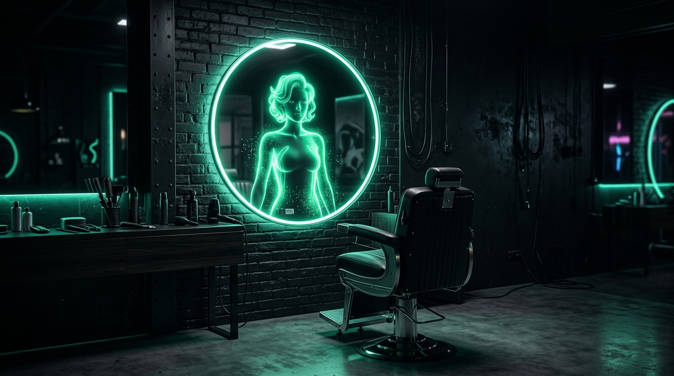 bancada de salão de beleza com holograma verde neon de personagem virtual no espelho