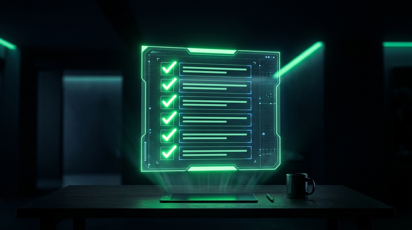 prancheta holográfica verde neon com marcas de aprovação representando autorização do cliente