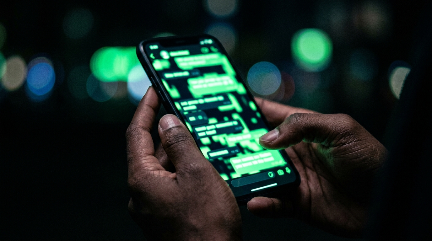 celular em mãos exibindo conversa de whatsapp com brilho verde neon