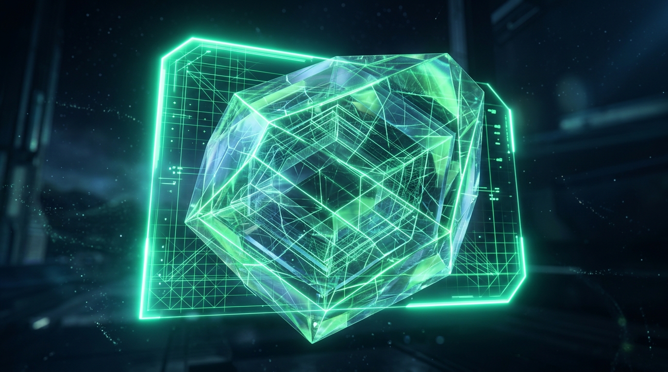 painel holográfico verde neon translúcido revelando camadas internas de uma estrutura geométrica, representando transparência na declaração de ia