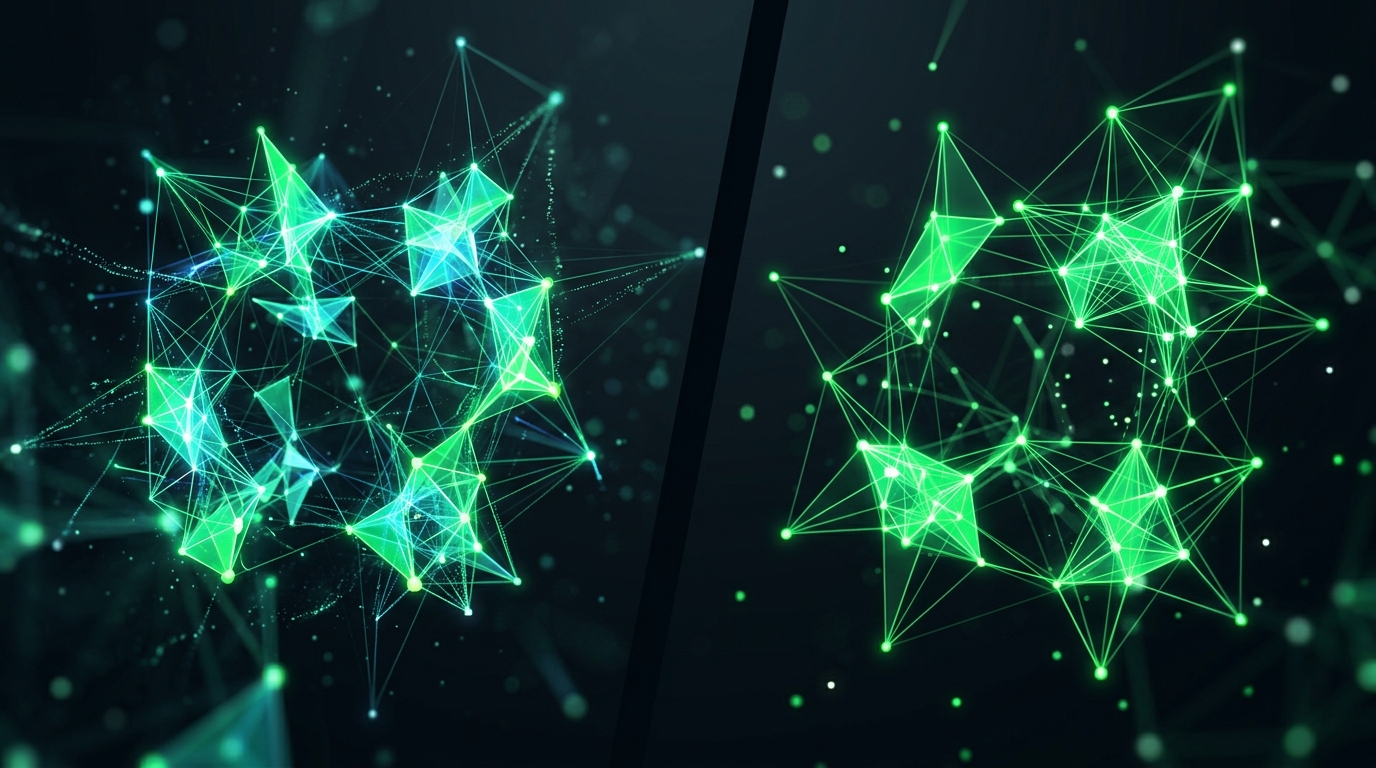 dois grupos de nós holográficos verde neon separados por uma fenda escura, simbolizando a diferença de percepção entre gerações