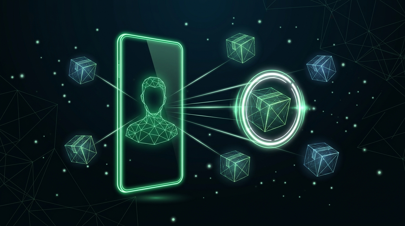 moldura de celular holográfica verde neon com um avatar geométrico sem rosto ligado por feixes de luz a caixas de produto e a uma lente de verificação, representando o consumidor conferindo a oferta