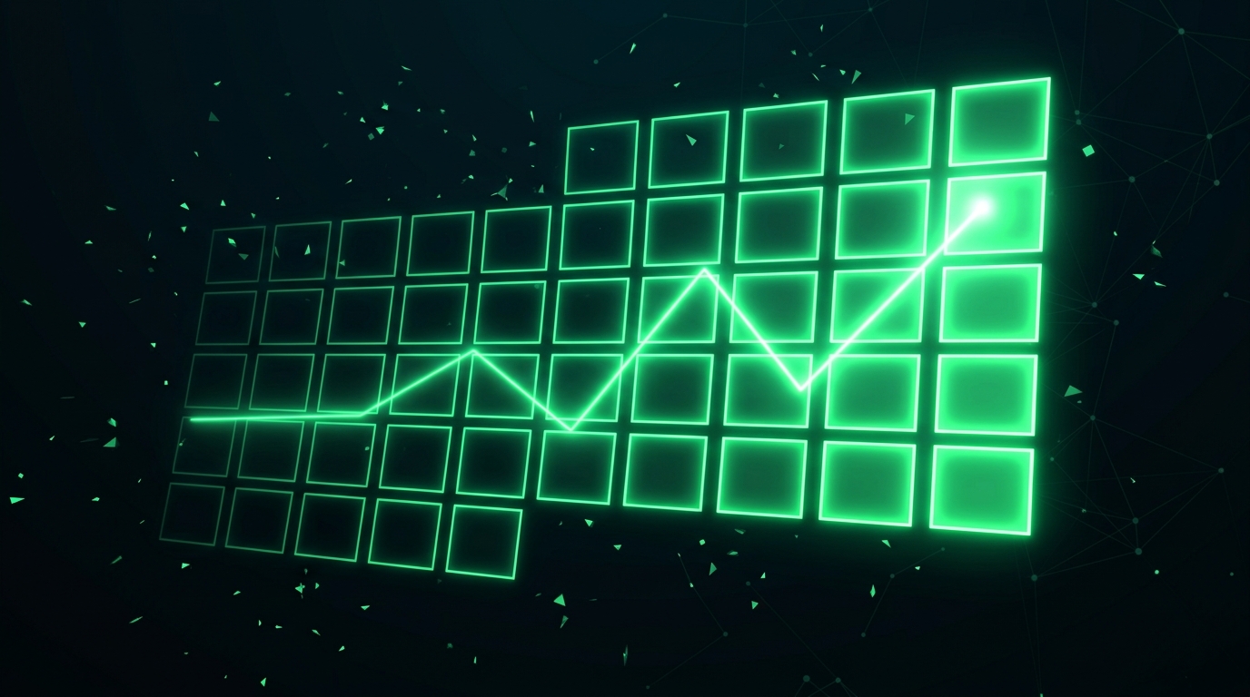 grade de calendário holográfica verde neon com uma linha de pulso subindo até a última célula, representando a contagem das semanas até a black friday
