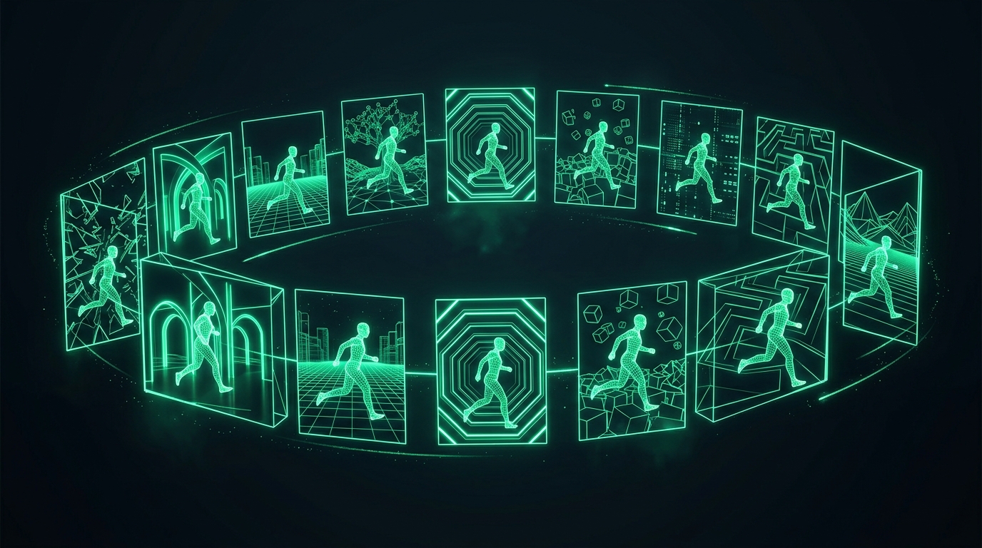 a mesma figura holográfica verde neon repetida em quadros geométricos com cenários diferentes, representando uma ação-assinatura em cenários infinitos