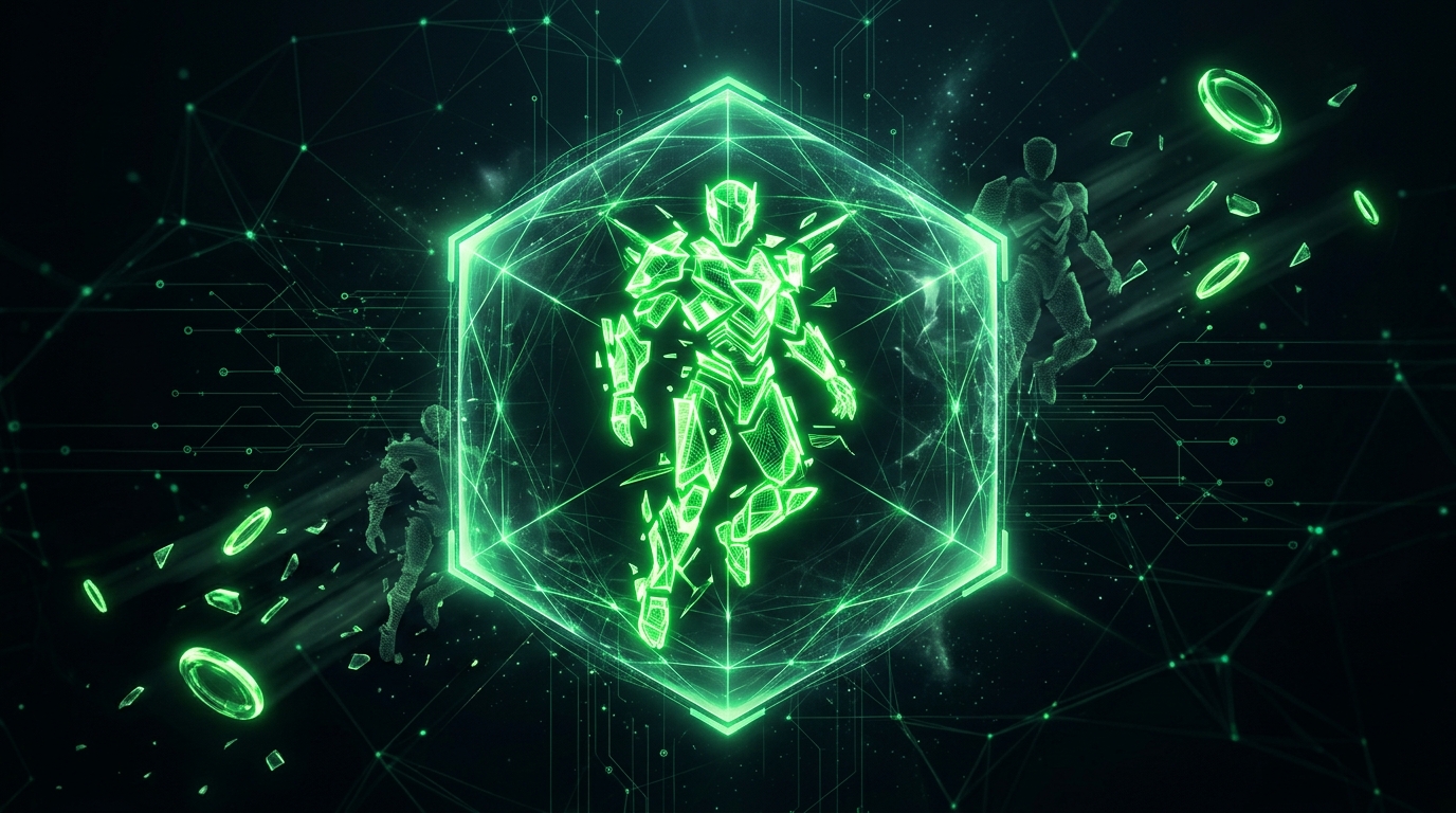 figura holográfica verde neon protegida por escudo hexagonal enquanto cópias fragmentadas e moedas quebradas se afastam sobre fundo escuro
