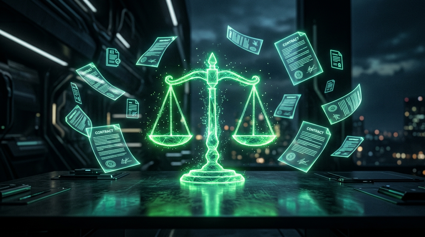 balança da justiça holográfica verde neon com contratos flutuando sobre mesa escura