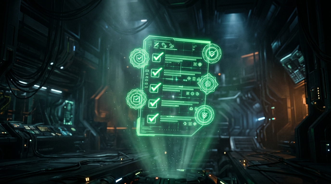 painel de checklist holográfico verde neon com selos de aprovação em fundo escuro