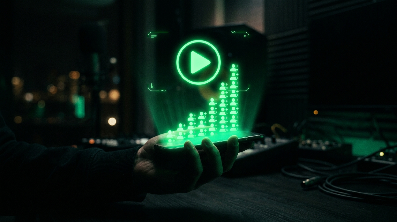 celular holográfico verde neon com ícone de play e inscritos subindo em estúdio escuro